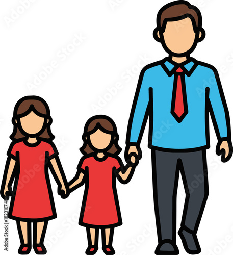 Father walking with two daughters holding hands, wearing casual outfits in red dresses, simplistic illustration on a transparent background