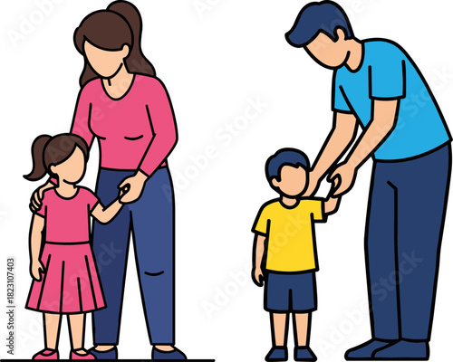 Family spending quality time with children outdoors, mother holding daughter's hand while father assists son, flat design illustration on a transparent background