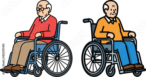 Two elderly men in wheelchairs, one with glasses wearing a red sweater and the other in an orange shirt, isolated on a transparent background, showcasing diversity in mobility assistance.