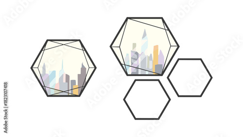 Urban cityscape shapes inside geometric hexagon framings
