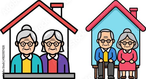 Two elderly couples sitting outside their homes, smiling happily, showcasing love and companionship. Each couple has distinctive features and colors, isolated on a transparent background.