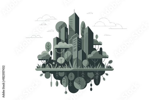 Abstract green cityscape with floating island and stylized trees and clouds buildings