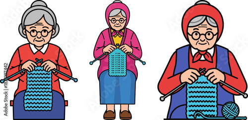 Elderly women knitting in various colorful outfits with knitting needles and yarn on a transparent background, showcasing different styles and expressions in their craft