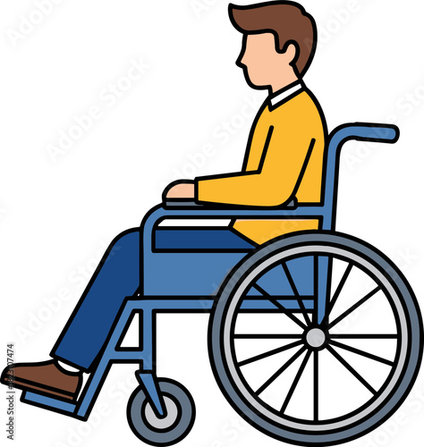 Man in wheelchair wearing yellow sweater sitting sideways on a blue chair against a transparent background, depicting mobility assistance and inclusive design in daily life.