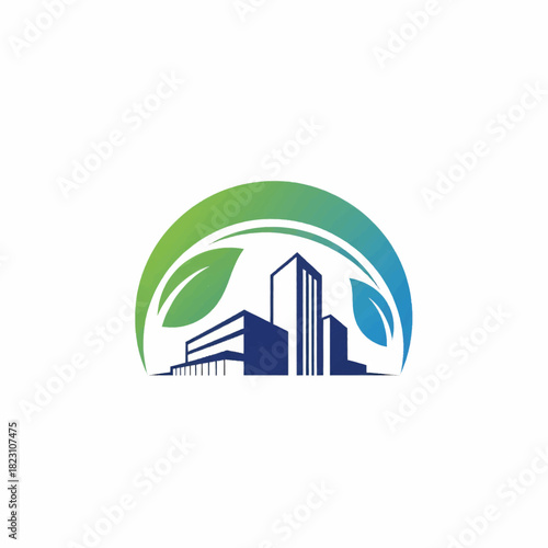 Green house logo design with nature leaves and wave element in a circular emblem for real estate