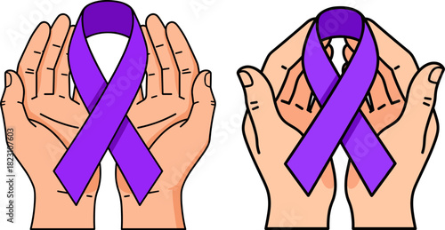 Purple ribbon held in hands symbolizing support for awareness causes on a transparent background, emphasizing hope, solidarity, and compassion in a minimalist and modern style.