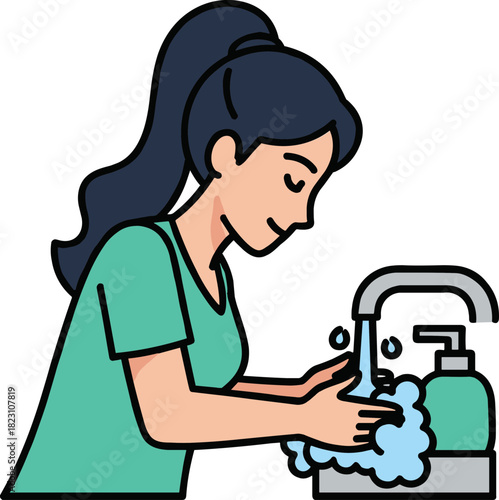 Woman washing her hands with soap under tap water in a clean bathroom, focusing on hygiene practices for health and safety, isolated on a transparent background.