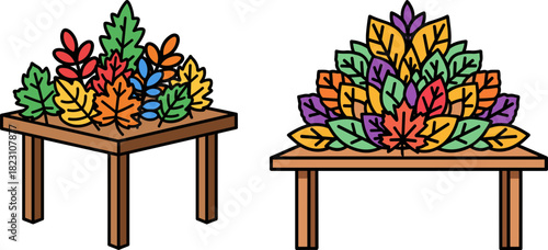 Colorful arrangements of autumn leaves on wooden tables, showcasing fall foliage in vibrant shades against a black background, ideal for seasonal decor or nature-themed design.