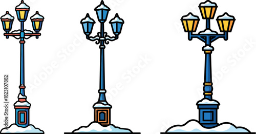 Three vintage street lamps covered with snow in a winter setting, isolated on a transparent background with bright colors and distinct designs enhancing the charm of the scene.