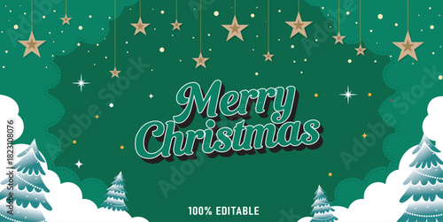 A festive green christmas backdrop featuring stars trees and merry lettering