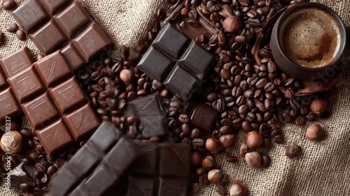 Assorted chocolate bars and chunks scattered over coffee beans on burlap beside a tiny cup of steam