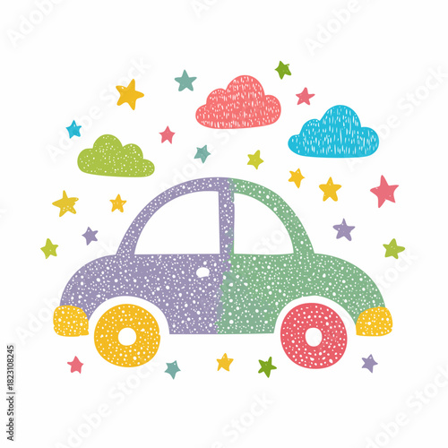Cute colorful dotted car illustration with clouds and stars on a white background, perfect for children's designs and playful themes.