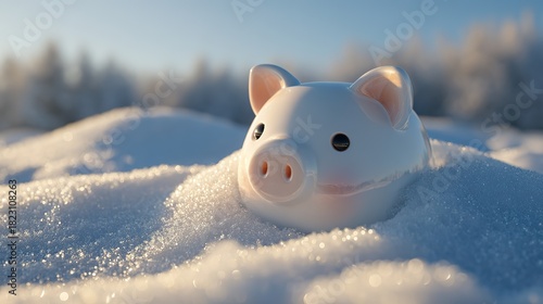White ceramic piggy bank half-buried in snow symbolizing winter savings, financial security, budgeting, and smart money management in a clean minimalist style