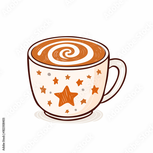 A cute cartoon illustration of a white mug with orange stars and a brown beverage with a white swirl latte art design.