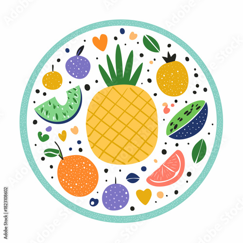Colorful flat design illustration of various tropical and citrus fruits arranged in a circular pattern with decorative elements.