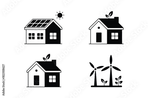 Black and white icons of houses with solar panels wind turbines and green leaves house icon solar panel icon