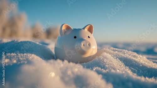 White ceramic piggy bank half-buried in snow symbolizing winter savings, financial security, budgeting, and smart money management in a clean minimalist style