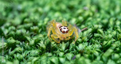 Macro Photo of Yellow Jumping Spider on Moss