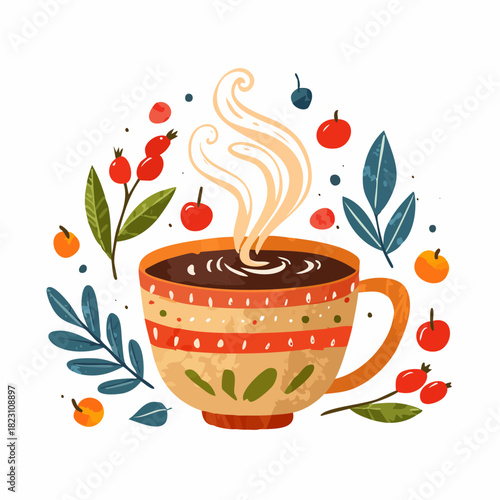 A cozy, steaming cup of hot beverage surrounded by autumn berries and leaves, in a warm, illustrative style.
