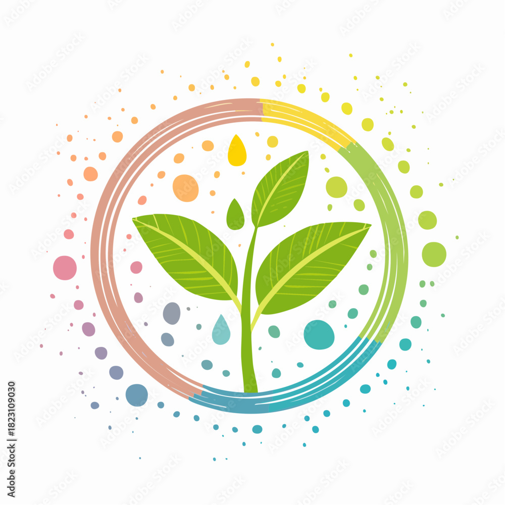 Obraz premium Vibrant plant sprout with colorful circular frame and scattered dots on a white background, symbolizing growth and nature.