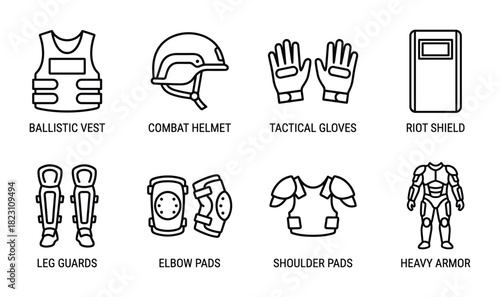 Ballistic vest combat helmet tactical gloves riot shield leg guards elbow pads shoulder pads heavy armor.