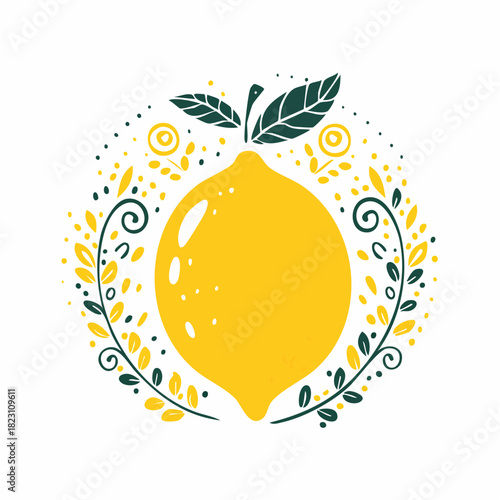 Stylized yellow lemon illustration with green leaves and yellow decorative elements forming a circular frame on a white background.