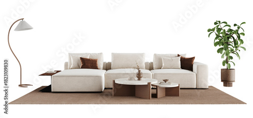 Large Modular Sofa with Floor Lamp, Coffee Tables and Indoor Plant PNG – Modern Living Room Furniture Set with Natural Shadows
