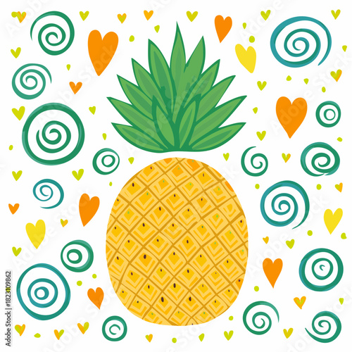 A vibrant, stylized illustration of a pineapple surrounded by green spirals and colorful hearts on a white background.