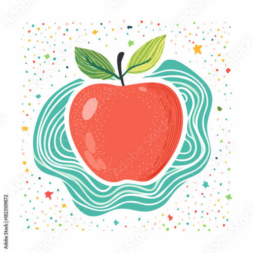 Vibrant illustration of a red apple with green leaves, framed by teal wavy lines and scattered colorful dots and stars, on a white background.