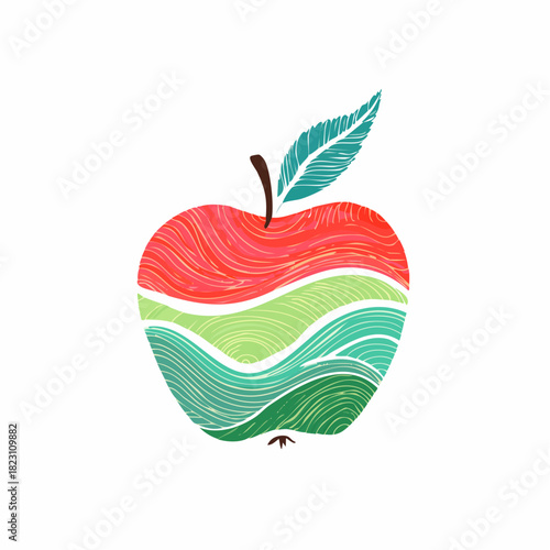 A stylized illustration of an apple with wavy red, light green, and dark green textured bands, a brown stem, and a textured green leaf on a white background.