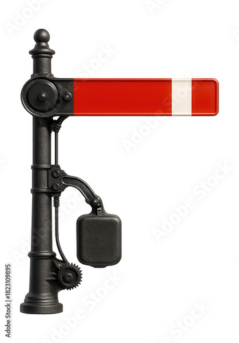 Folding arm semaphore signal with a counterbalance weight mechanism.
