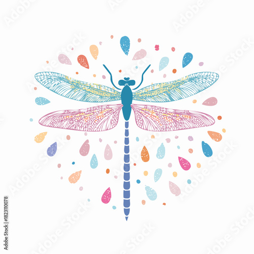 Whimsical illustration of a colorful dragonfly with intricate decorative wings surrounded by vibrant pastel teardrop shapes on a white background.