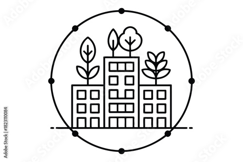 Black and white line art icon of buildings with plants on rooftops within a circle outline