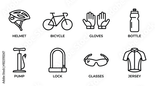 Bicycle accessories such as helmet, pump, lock, glasses, and jersey. Cycling gear outline