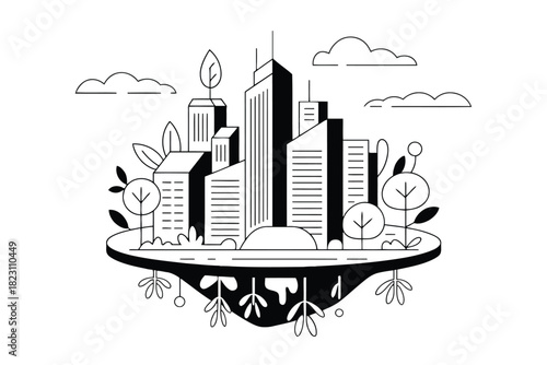Black and white line art illustration of a floating island city with trees and clouds urban