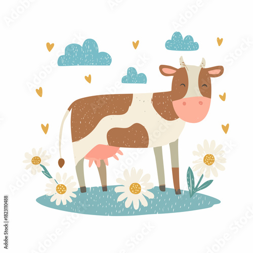 Cute cartoon cow with brown and white spots standing in a green field with daisies under a blue sky with clouds and hearts.