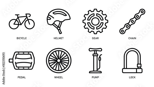 Bicycle parts and accessories outline icons. Bicycle, helmet, gear, chain, pedal, wheel, pump, lock.