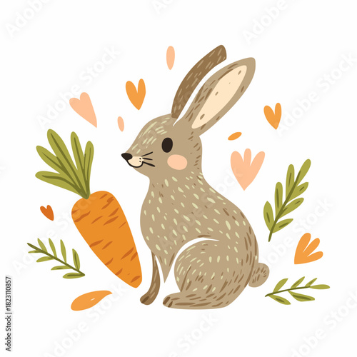 Cute cartoon rabbit sitting next to a large carrot surrounded by leaves and hearts on a white background.