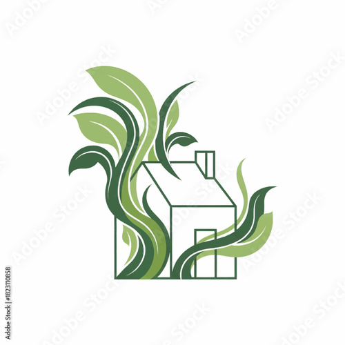 Eco-friendly sustainable living concept with a green house icon surrounded by natural plant leaves