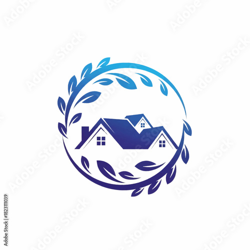 Sustainable residential property logo with leafy circle, representing eco-conscious housing solutions and community growth