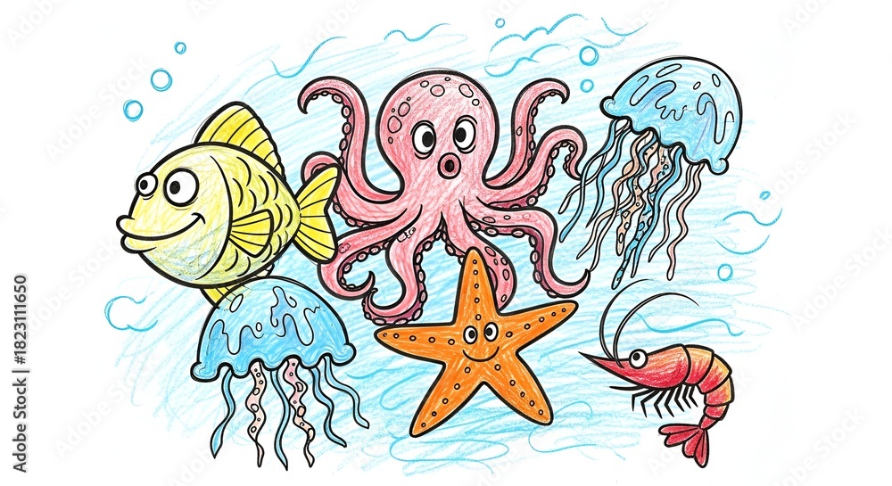 Fototapeta premium Whimsical underwater scene features a cartoon fish, octopus, starfish, jellyfish, and shrimp.