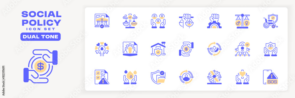 Fototapeta premium Social Policy Icon Set Line Icons, Outline Symbols for Public Welfare, Community Regulation, Social Governance, Citizen Rights, and Government Programs. Vector Sign Collection.