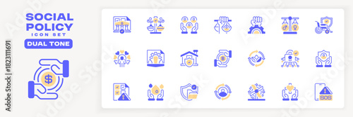 Social Policy Icon Set Line Icons, Outline Symbols for Public Welfare, Community Regulation, Social Governance, Citizen Rights, and Government Programs. Vector Sign Collection.