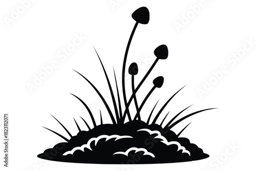 Black silhouette of grass and mushrooms growing from a mound of earth black and white nature