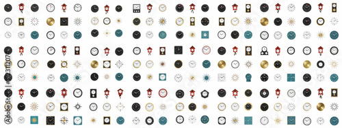 Diverse collection of analog clocks and timepieces featuring various shapes, colors, and styles like cuckoo, pendulum, and sunburst designs in a seamless pattern.
