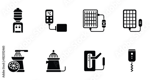 Black and white glyph icons set illustrating water dispenser, thermostat, solar panel, juicer, knife sharpener, and corkscrew.