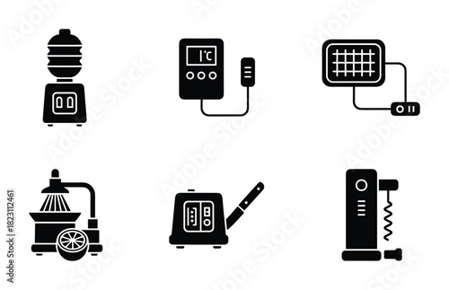 Black and white glyph icons set illustrating water dispenser, thermostat, solar panel, juicer, knife sharpener, and corkscrew.