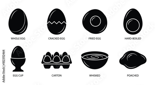 Black and white glyph icons set illustrating whole egg, cracked, fried, hard-boiled, egg cup, carton, whisked, and poached eggs.
