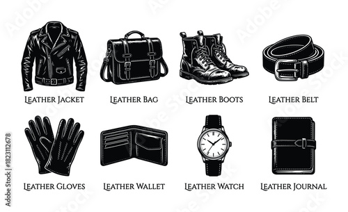 Black detailed objects of leather jacket, bag, boots, belt, gloves, wallet, watch and journal for fashion.