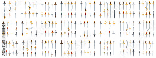 Cartoon vector seamless pattern of various fantasy and medieval swords, daggers, and sharp metal blades for gaming or decoration.